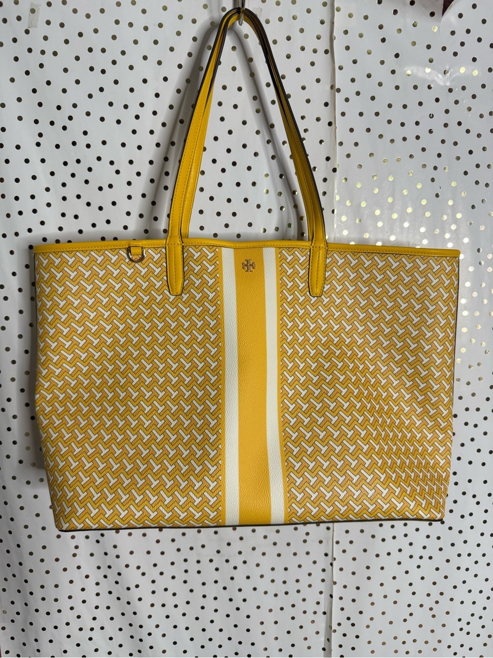 Tory Burch Yellow Patterned Tote Bag with Center Stripe